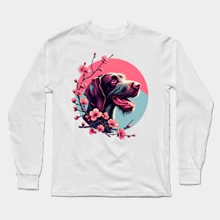 Joyful German Wirehaired Pointer Amidst Spring Cherry Blossoms Long Sleeve T-Shirt